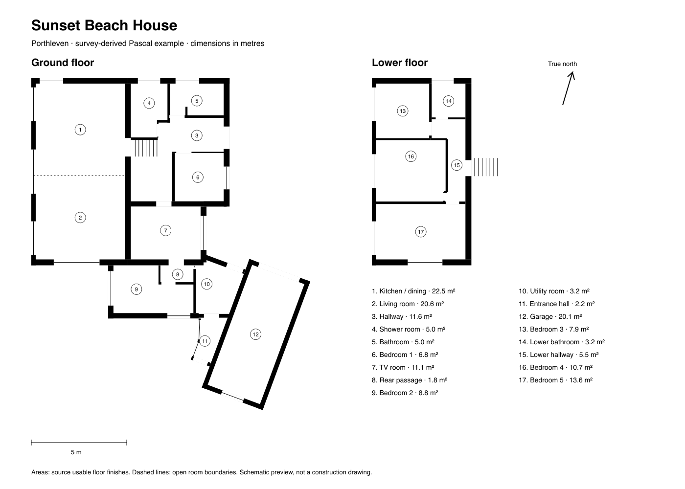 Sunset Beach House floor plan, showing the ground and lower floors, room layout and garage.